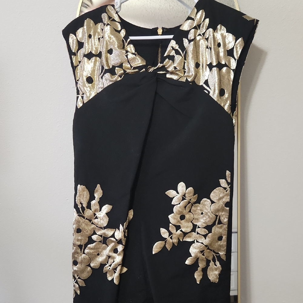 Tibi Black and Gold Floral Mini Dress